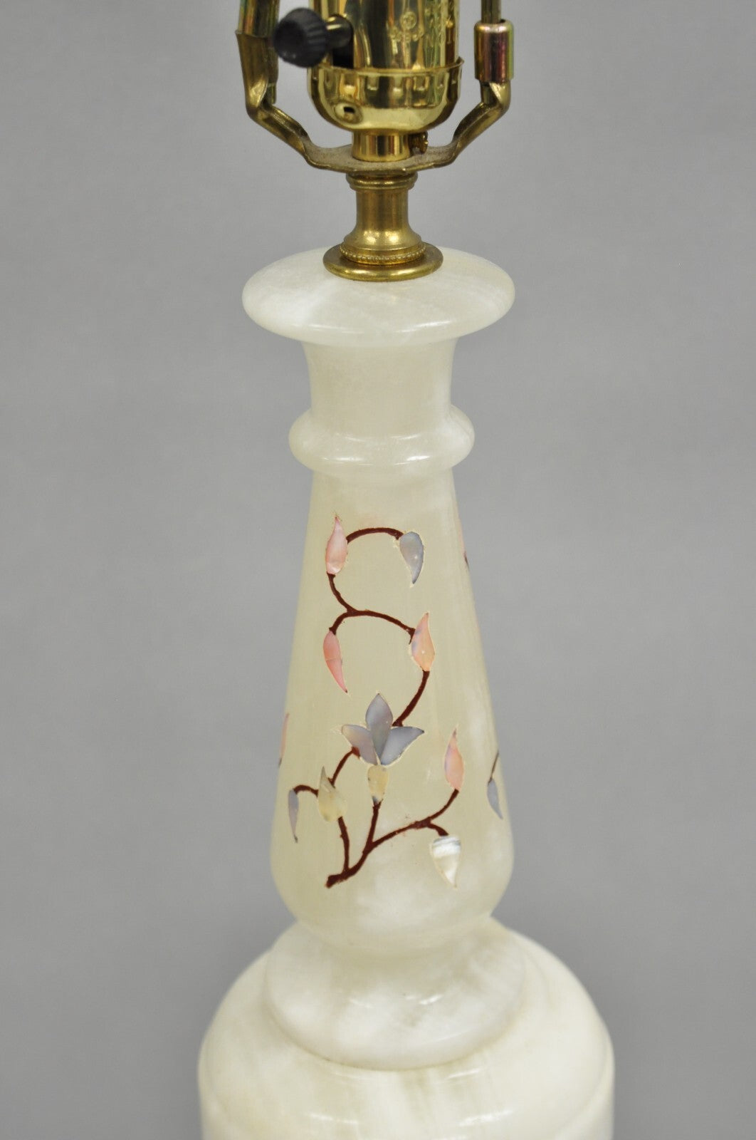 Vintage Italian Hollywood Regency Alabaster Table Lamp w/ Stone Floral Inlay