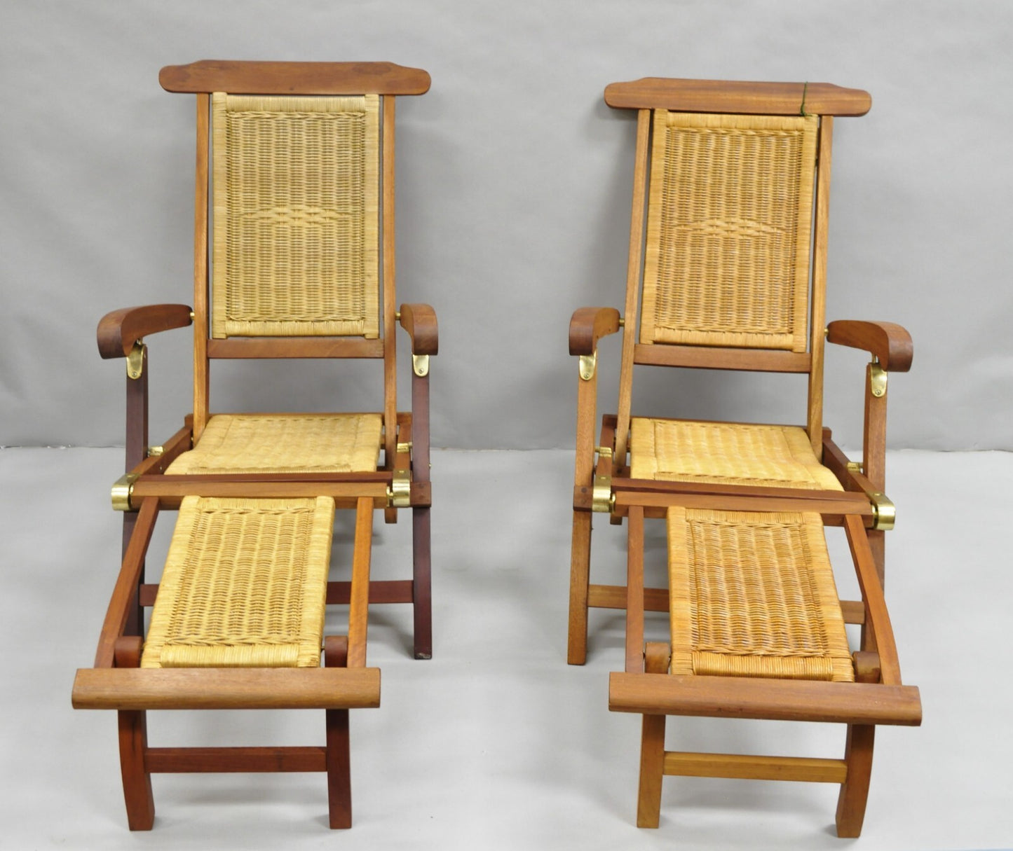Park Royal British Colonial Hardwood & Wicker Plantation Folding Deck Chair Pair