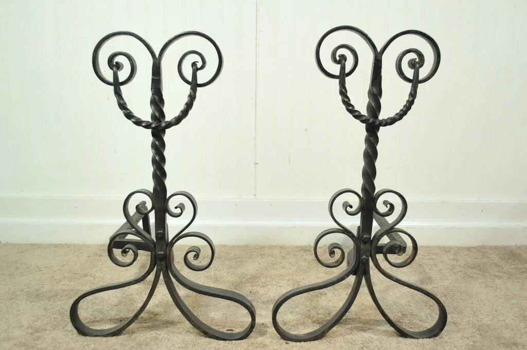 Antique Arts & Crafts Art Nouveau Black Wrought Iron Scrolling Andirons - a Pair