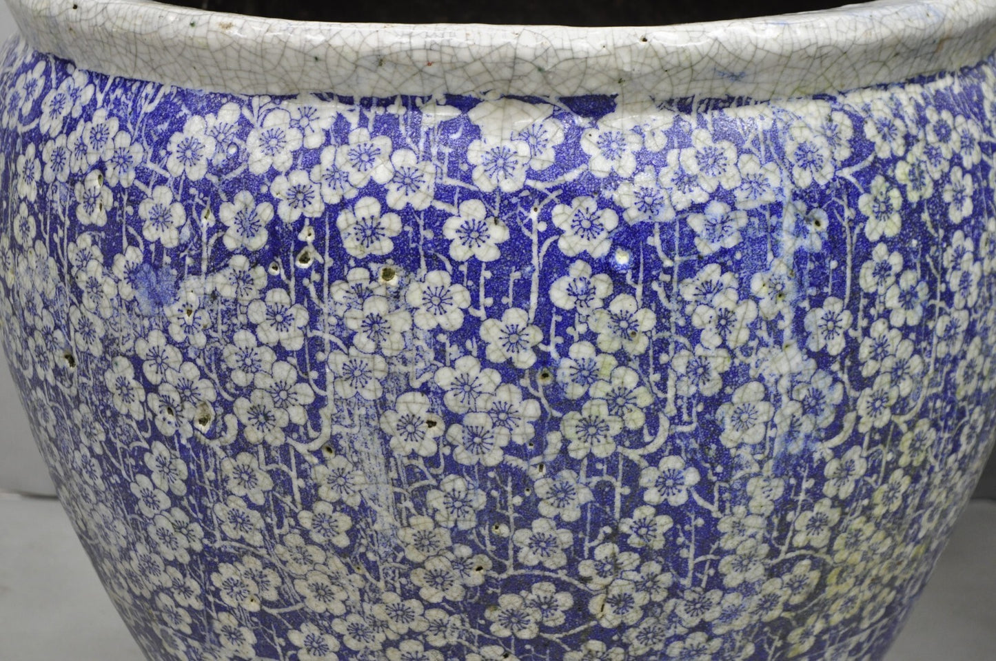 Antique Chinoiserie Large Blue White Terracotta 23" Jardiniere Planter Pot Pair