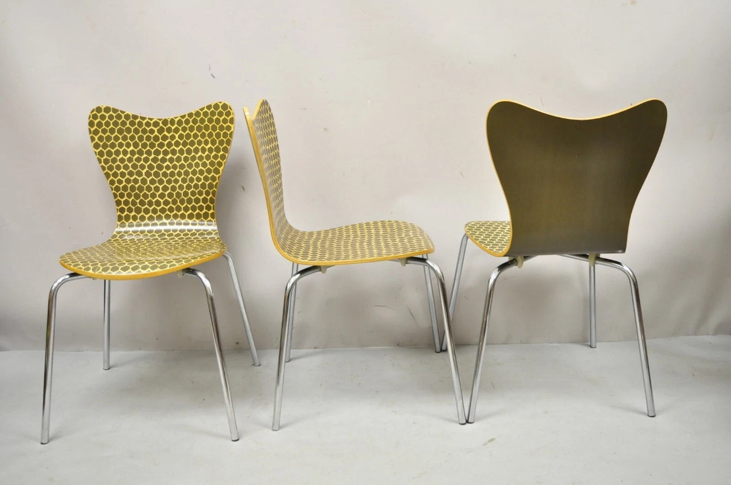 Modern Honeycomb Print Arne Jacobsen Series 7 Style Side Chairs - Set of 3