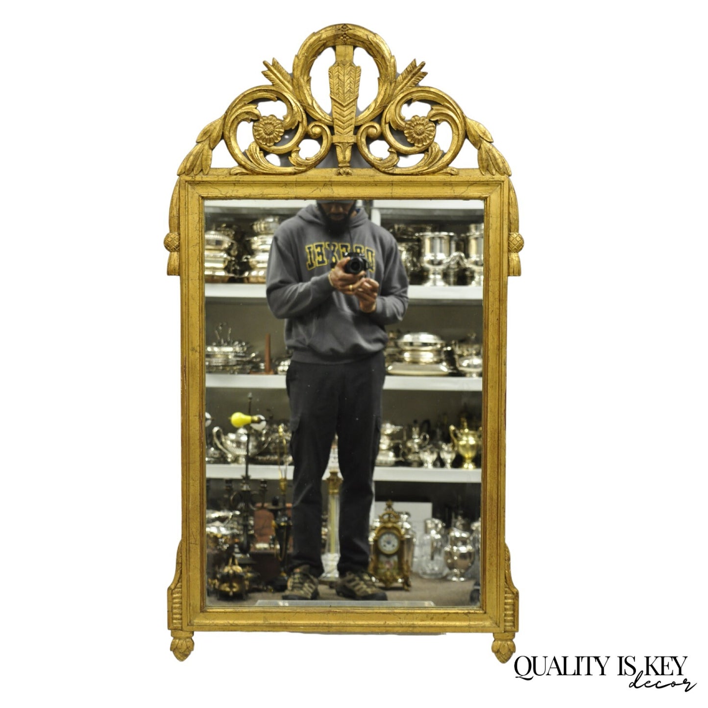 Antique French Neoclassical Style Gold Gilt Gesso Arrow & Wreath Wall Mirror