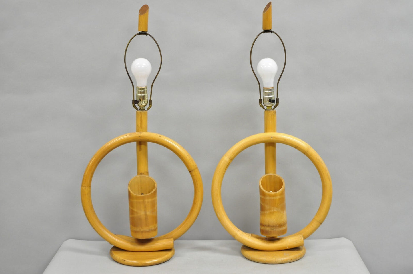 Vinatge Mid Century Modern Bentwood Bamboo Tiki Rattan Hoop Table Lamps - a Pair