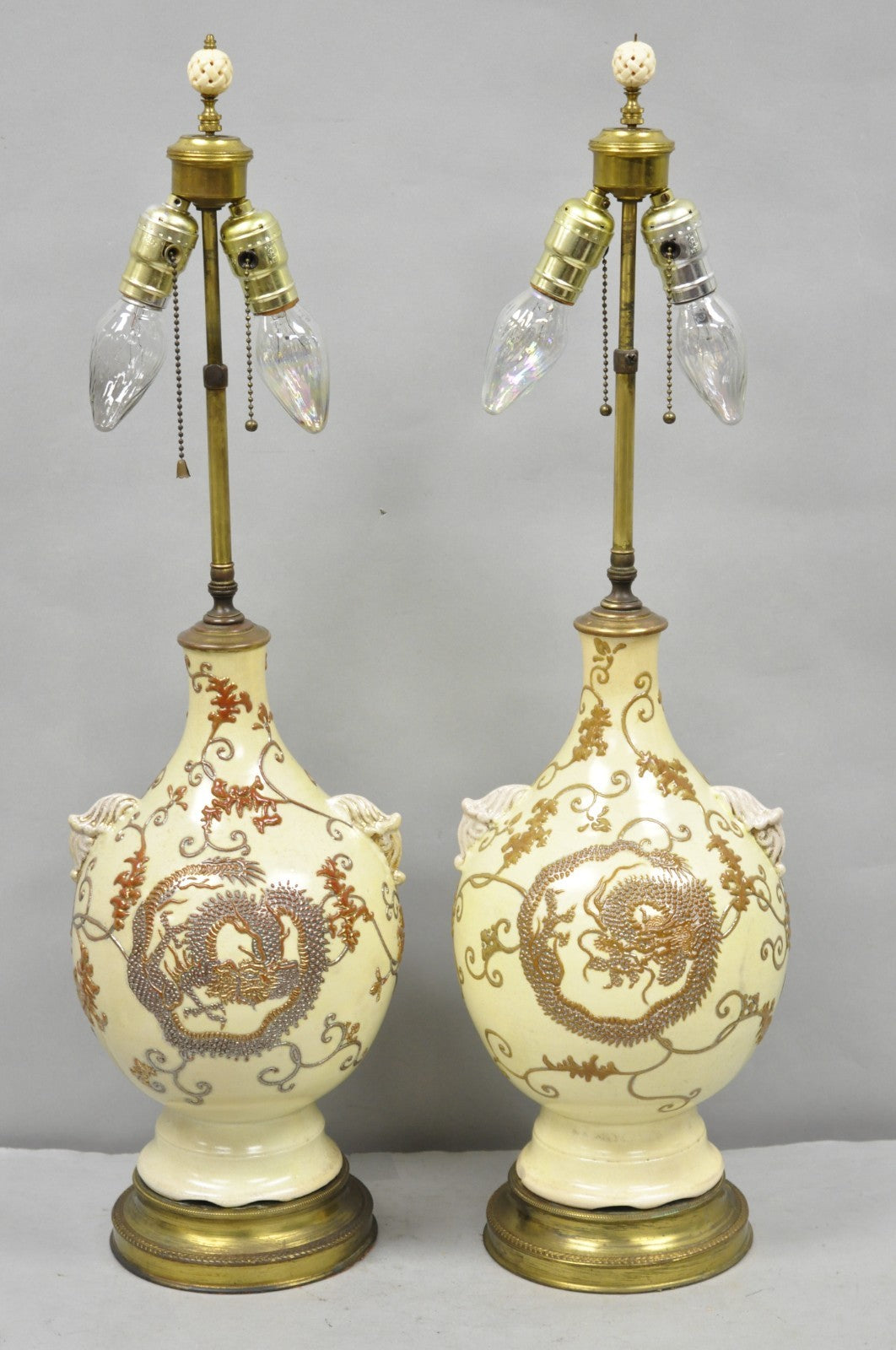 Antique Japanese Ceramic Beige Figural Dragon Vase Form Table Lamps - a Pair