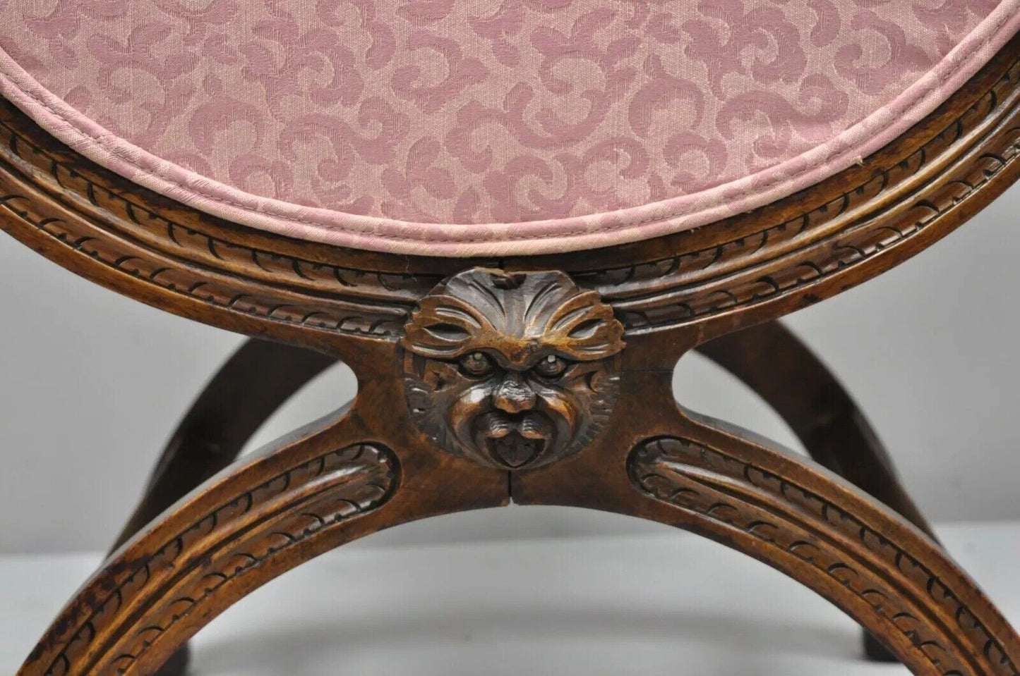Antique Italian Renaissance Carved Walnut Northwind Face Curule Side Chair