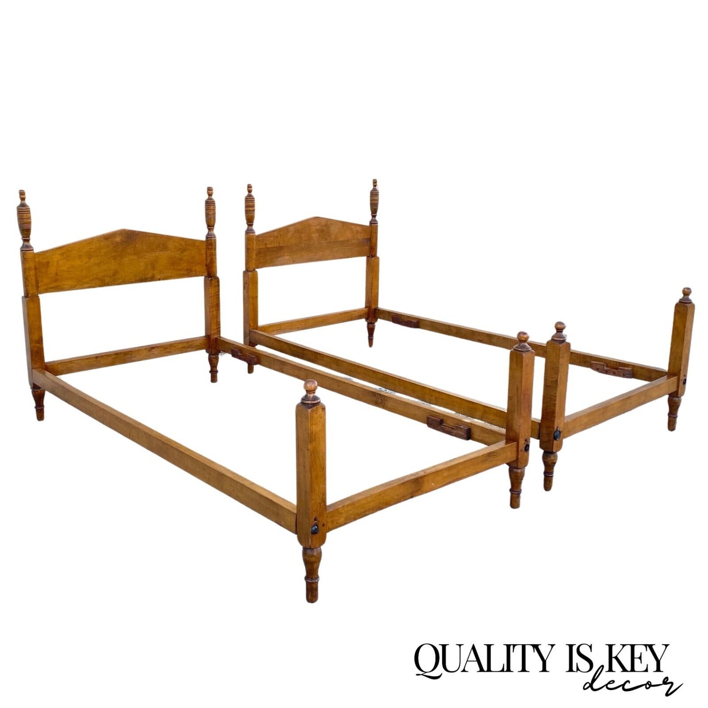 Antique Hitchcock Style Maple Wood Single Twin Bed Frames w/ Urn Finial - a Pair