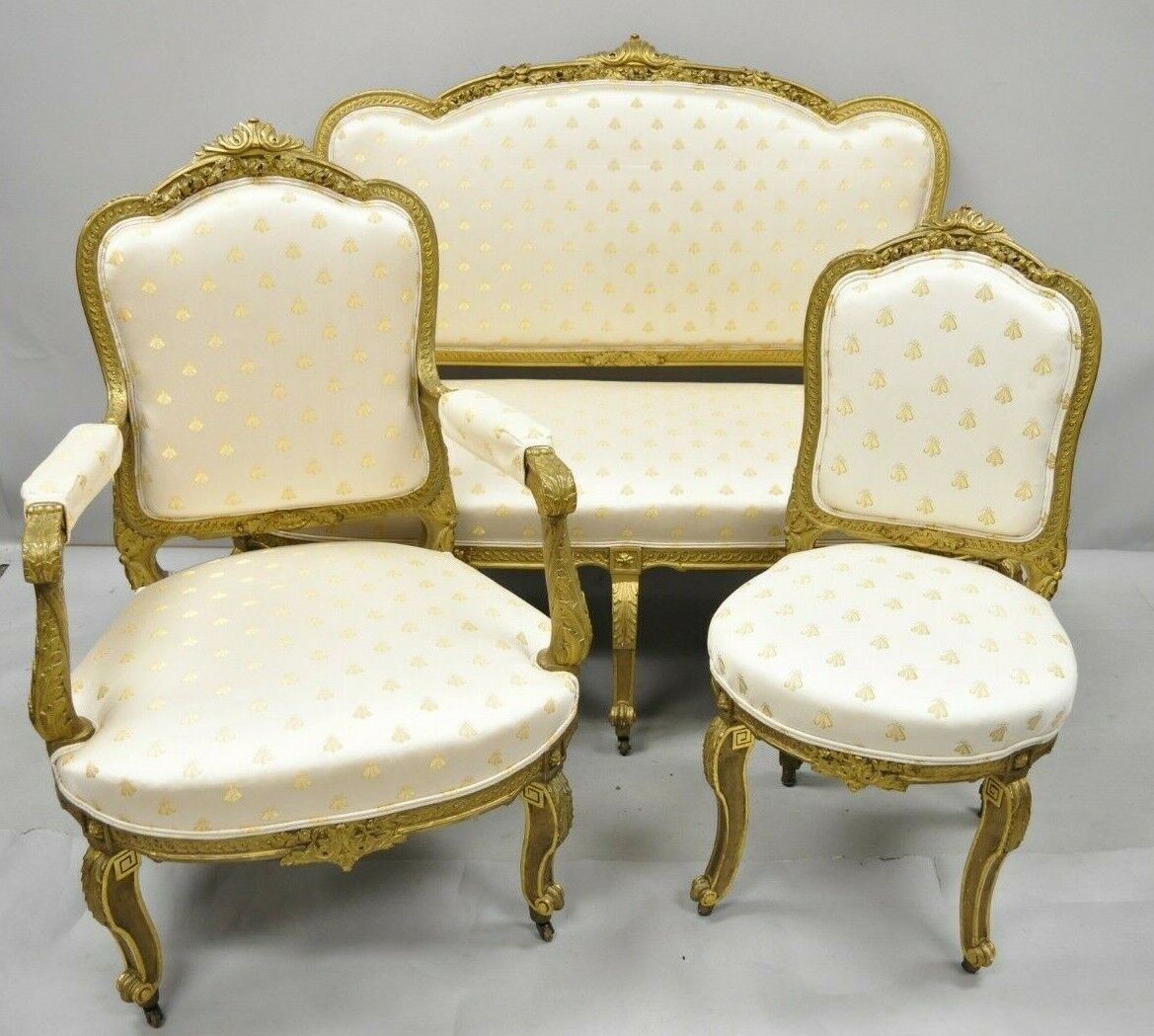 19th C. French Louis XV Style Gold Giltwood Parlor Salon Sofa Suite - Set of 3