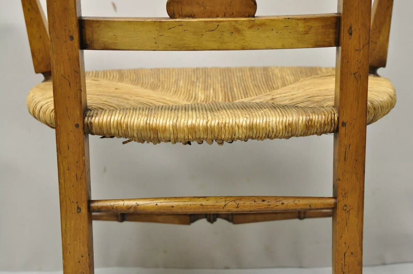 Vintage French Country Cherry Wood Italian Distressed Rush Seat Dining Arm Chair