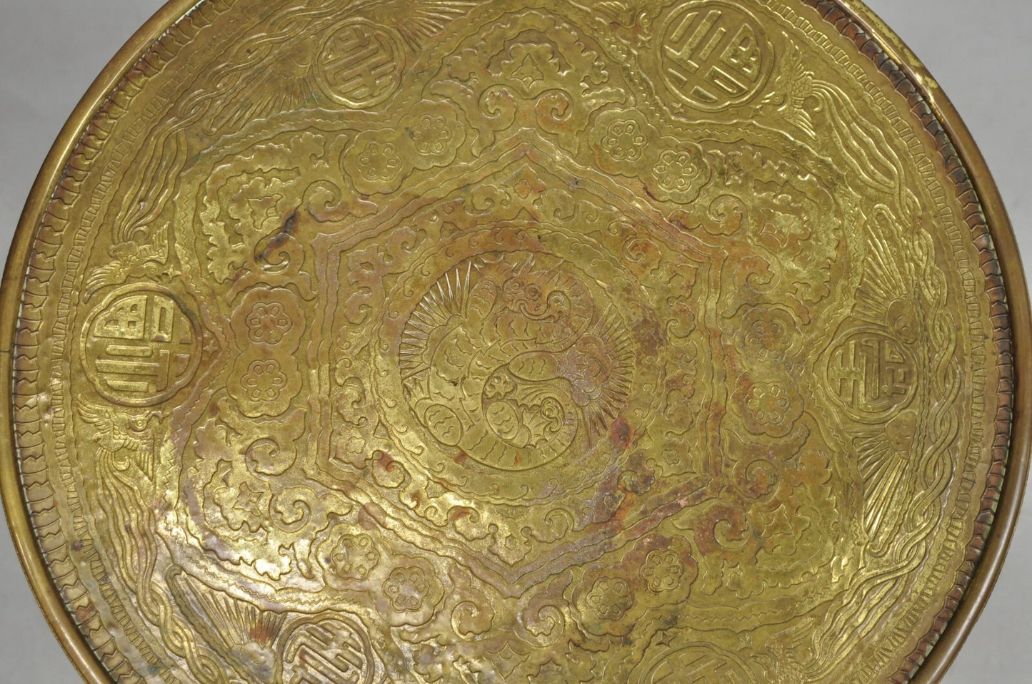 Antique Chinoiserie Oak Barley Twist Chinese Brass Dragon Side Table by Ferguson