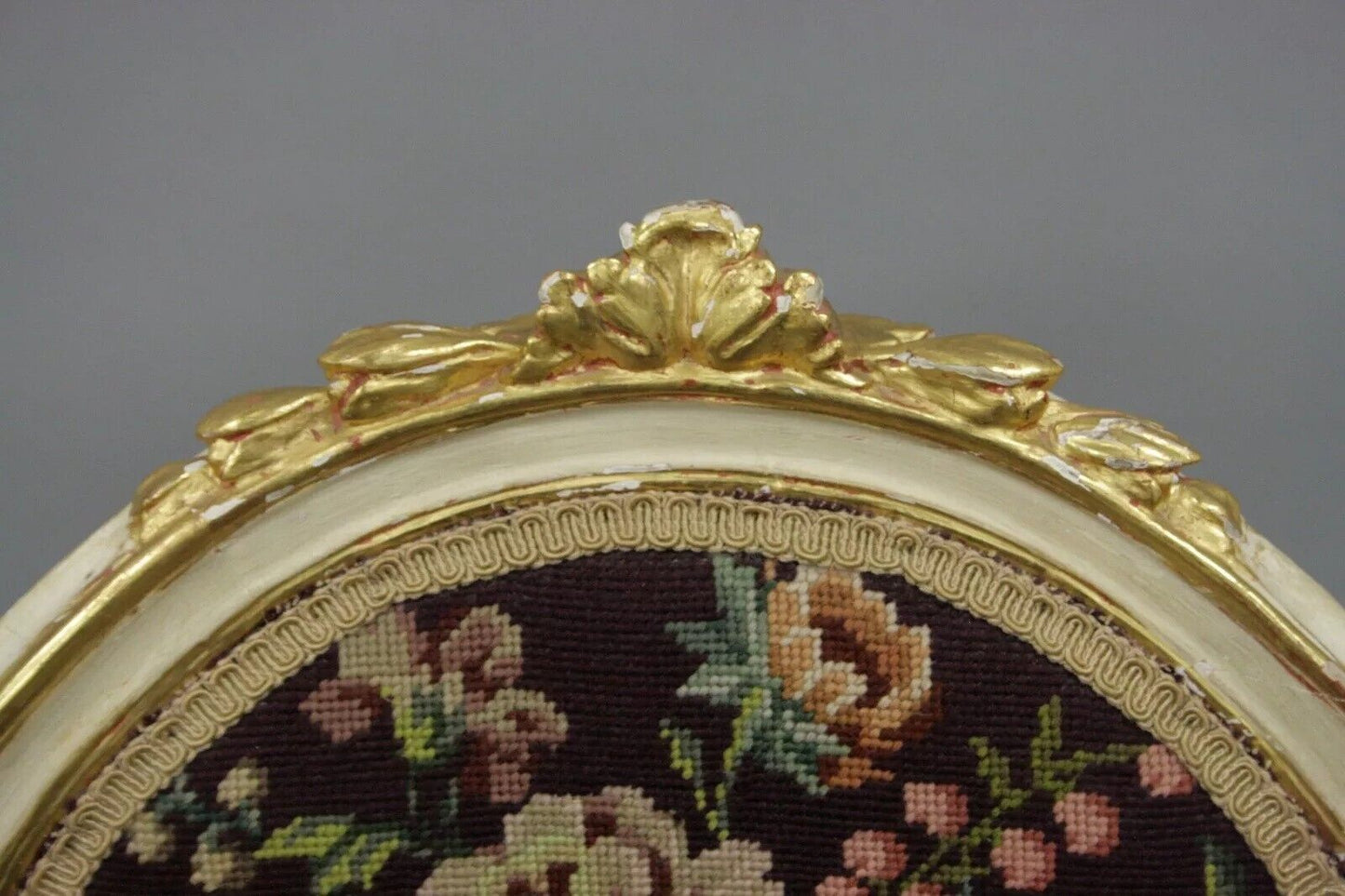 Antique French Louis XVI Style Carved Floral Needlepoint Accent Chair White Gold