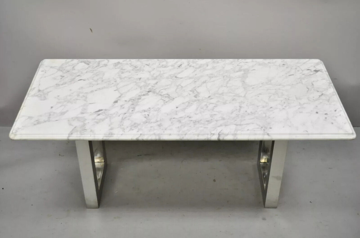 Modern Italian Marble Chrome Double Pedestal Base Rectangular Coffee Table