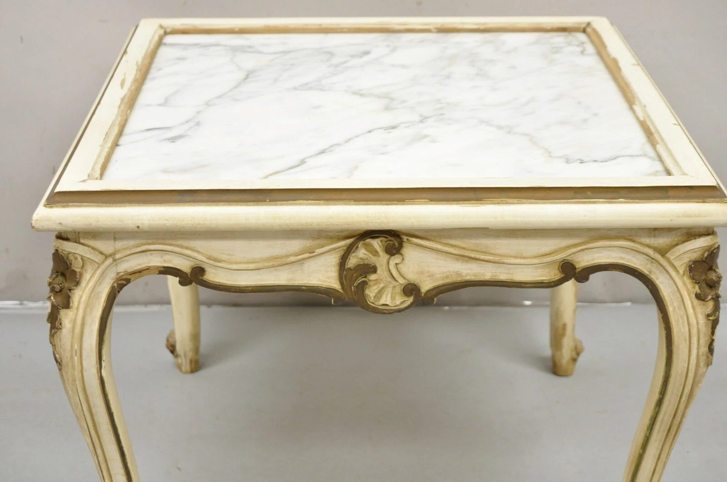 Vintage French Louis XV Style White Painted Marble Top Low Square Coffee Table