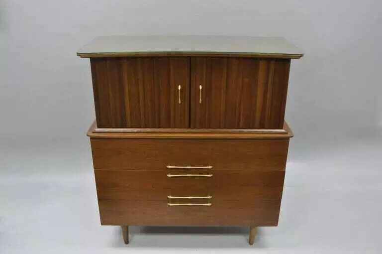 Mid Century Modern Danish Walnut Curved Top Gentleman Tall Chest Dresser Cabinet