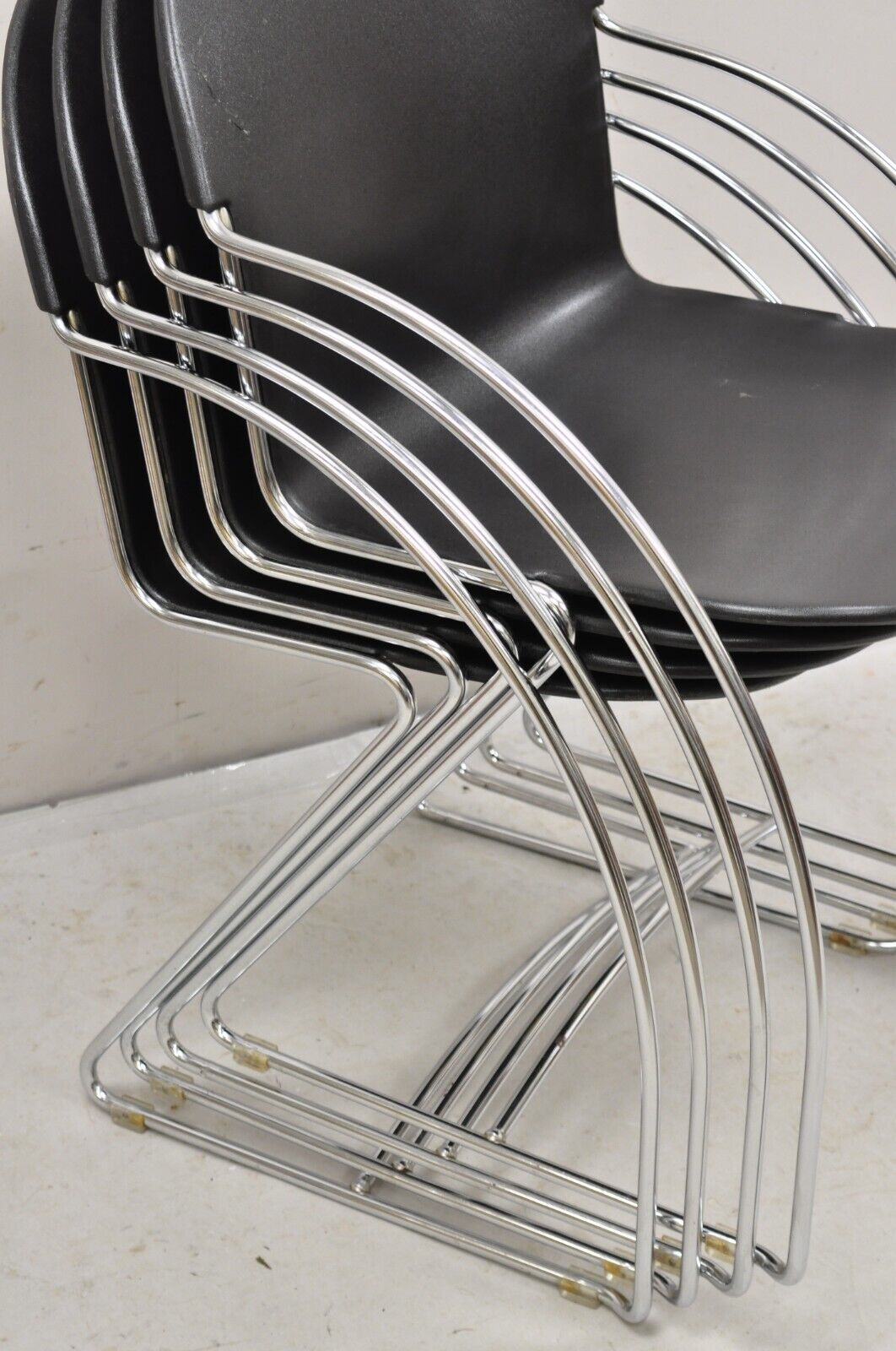 Steelcase Tom Grasman Chrome Frame Black Molded Plastic Stackable Chair Set of 4