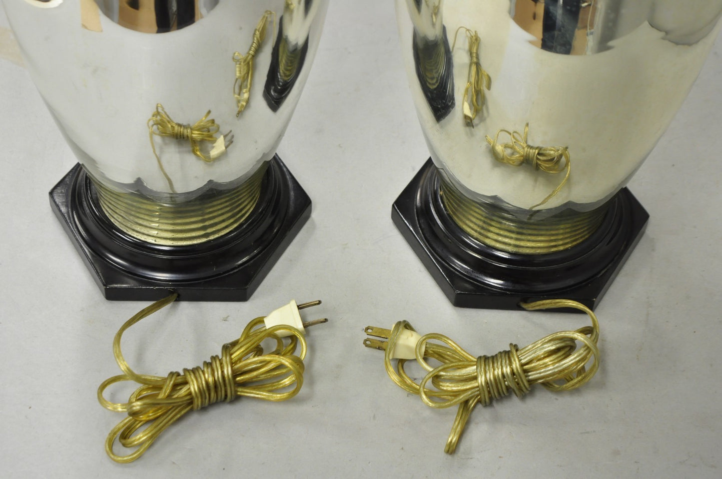 Vintage Mid Century Modern Silver Mercury Glass Jardiniere Vase Table Lamps Pair
