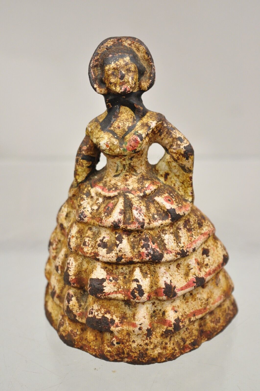 Antique Victorian Cast Iron Figural Painted Small Hoop Skirt Girl Door Stop