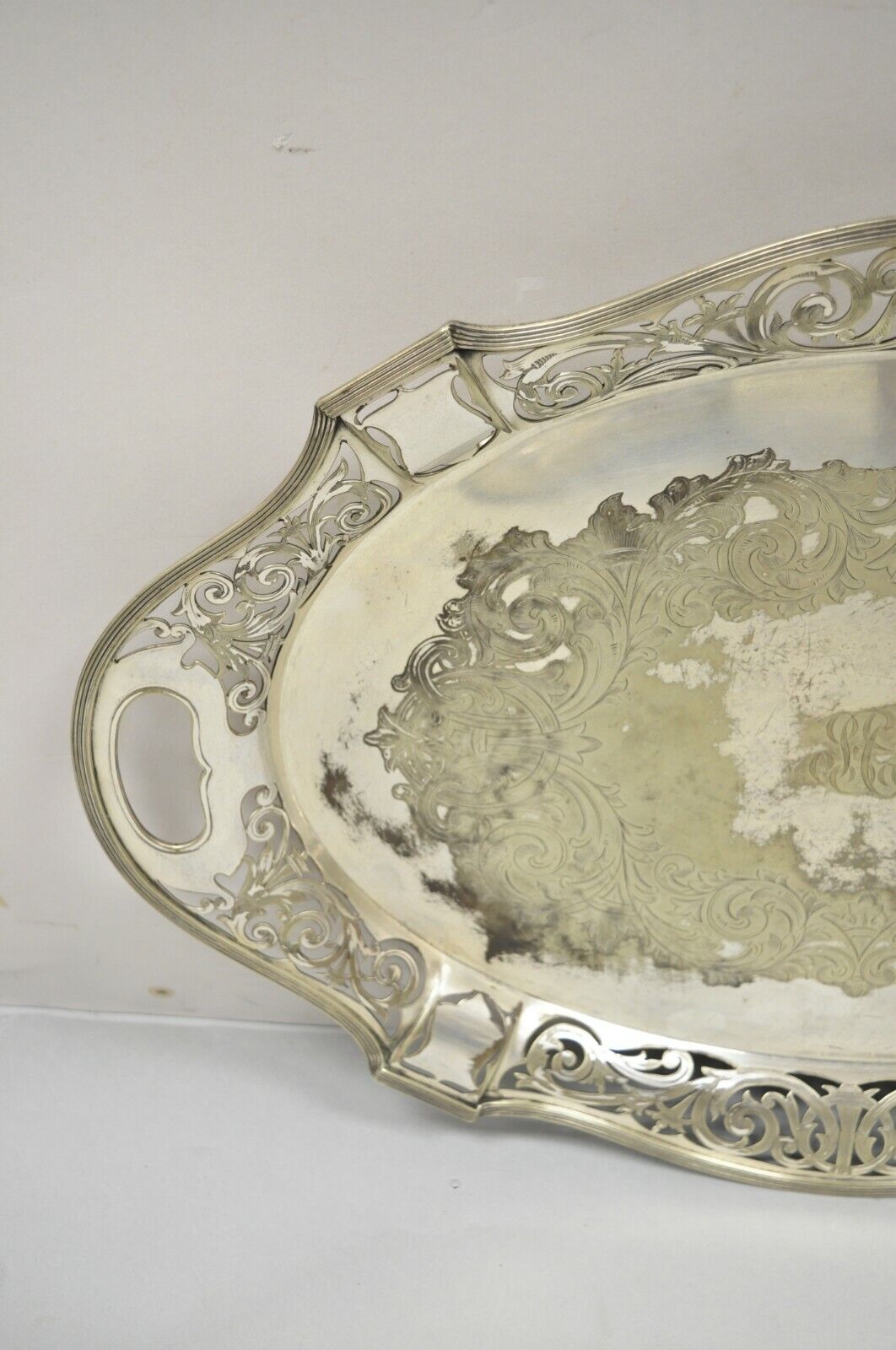 Antique D & H England 24" Silver Silver Plated Pierced Scalloped Platter Tray
