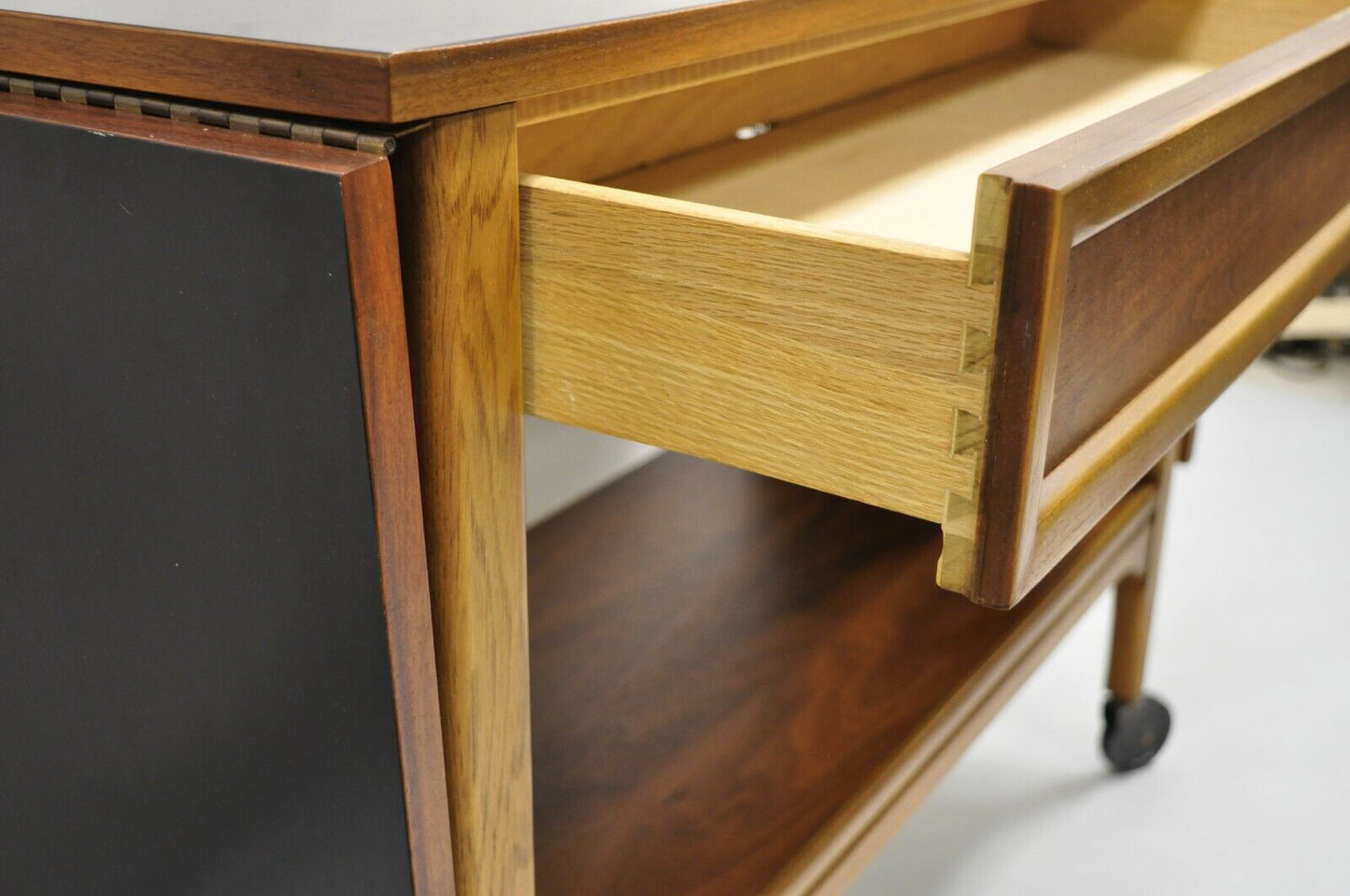 Lane Mid Century Modern Walnut Modern One Drawer Drop Leaf Rolling Bar Cart