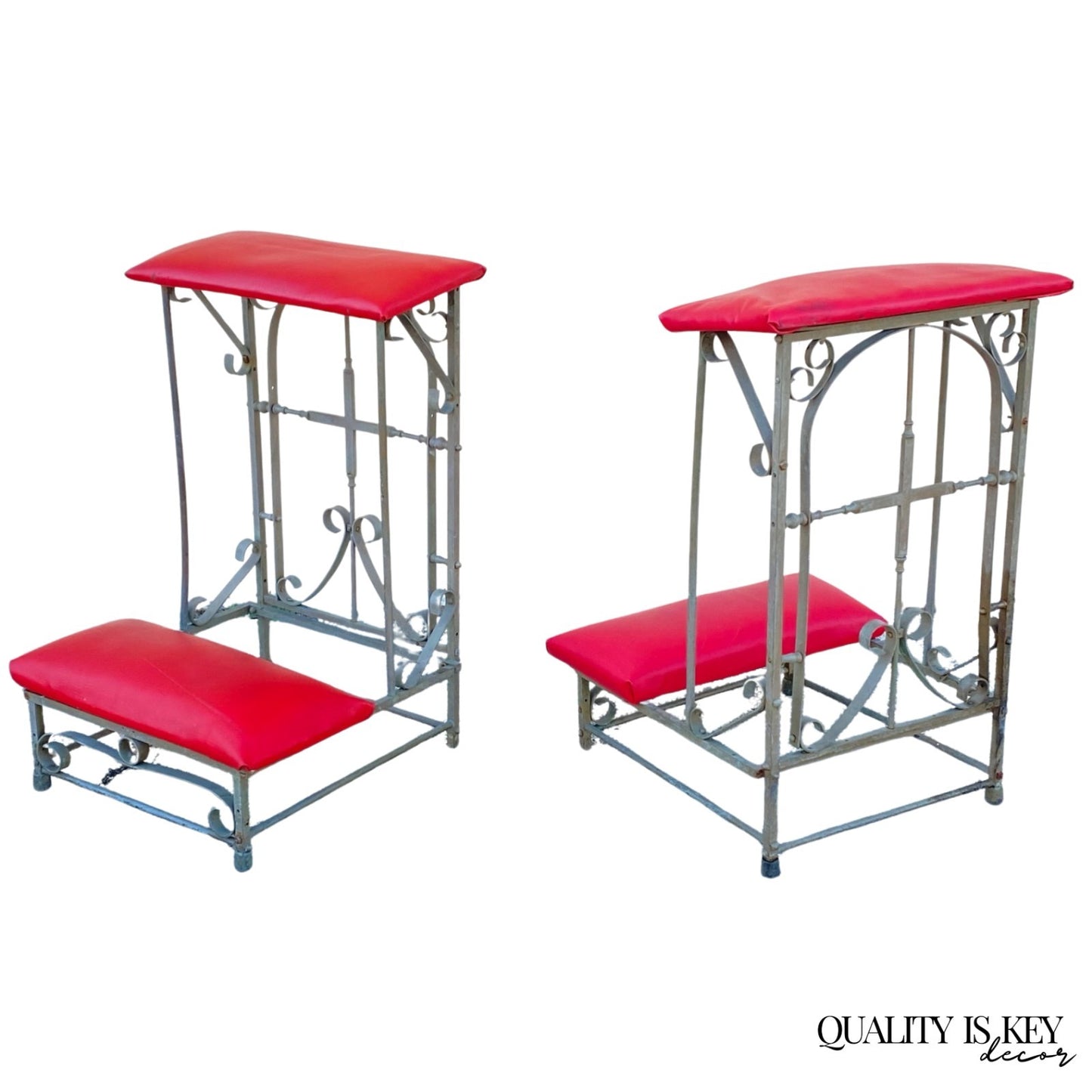 Antique Spanish Gothic Wrought Iron Kneeler Prie Dieu Prayer Benches - a Pair