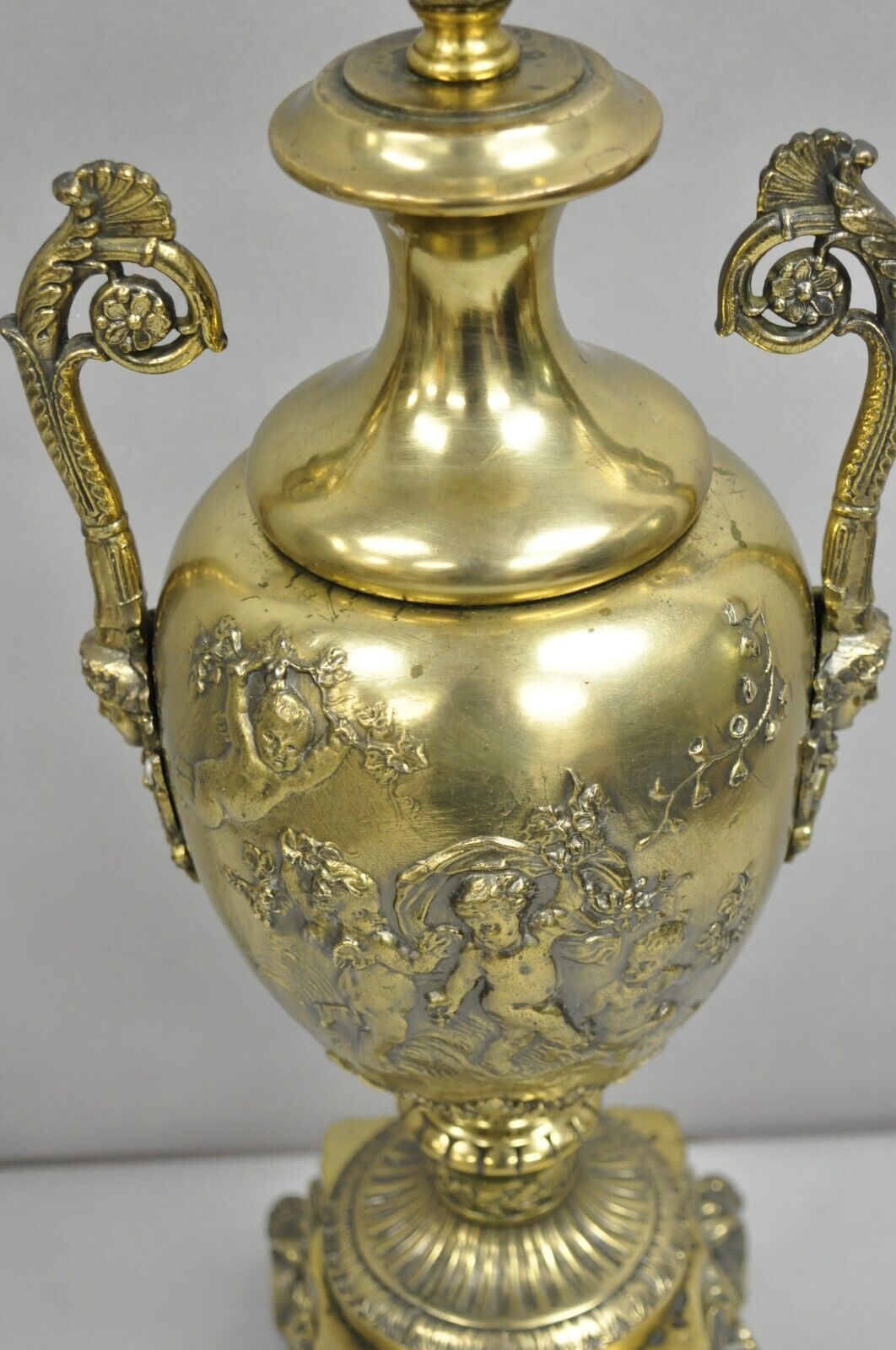 Vintage French Louis XV Renaissance Brass Figural Dancing Cherubs Urn Table Lamp