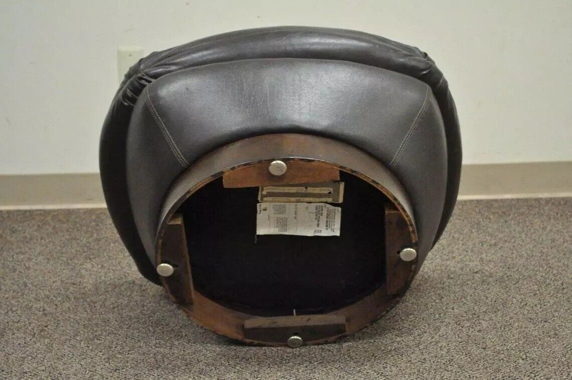 Vintage Mid Century Modern Tufted Brown Vinyl Walnut Chair Ottoman Footstool