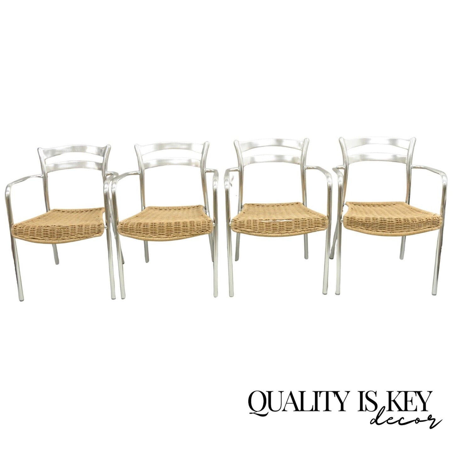 Modern Sculptural Aluminum Metal Rattan Silver Stacking Dining Chairs - Set of 4