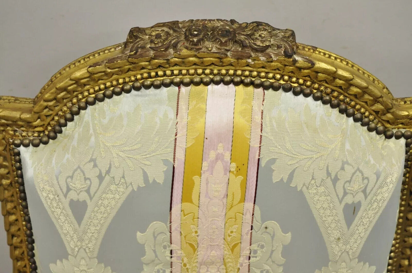 Vintage French Louis XVI Gold Giltwood Upholstered Lounge Chairs (B) - a Pair