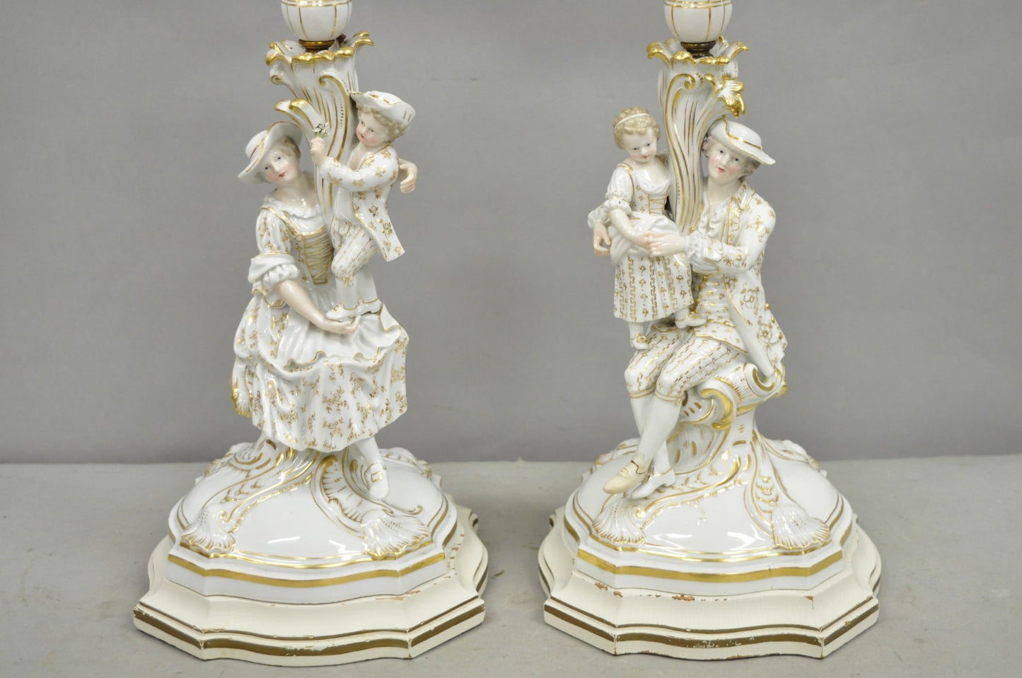 Antique Meissen Porcelain German Figural Lighted Candlestick Table Lamps - Pair