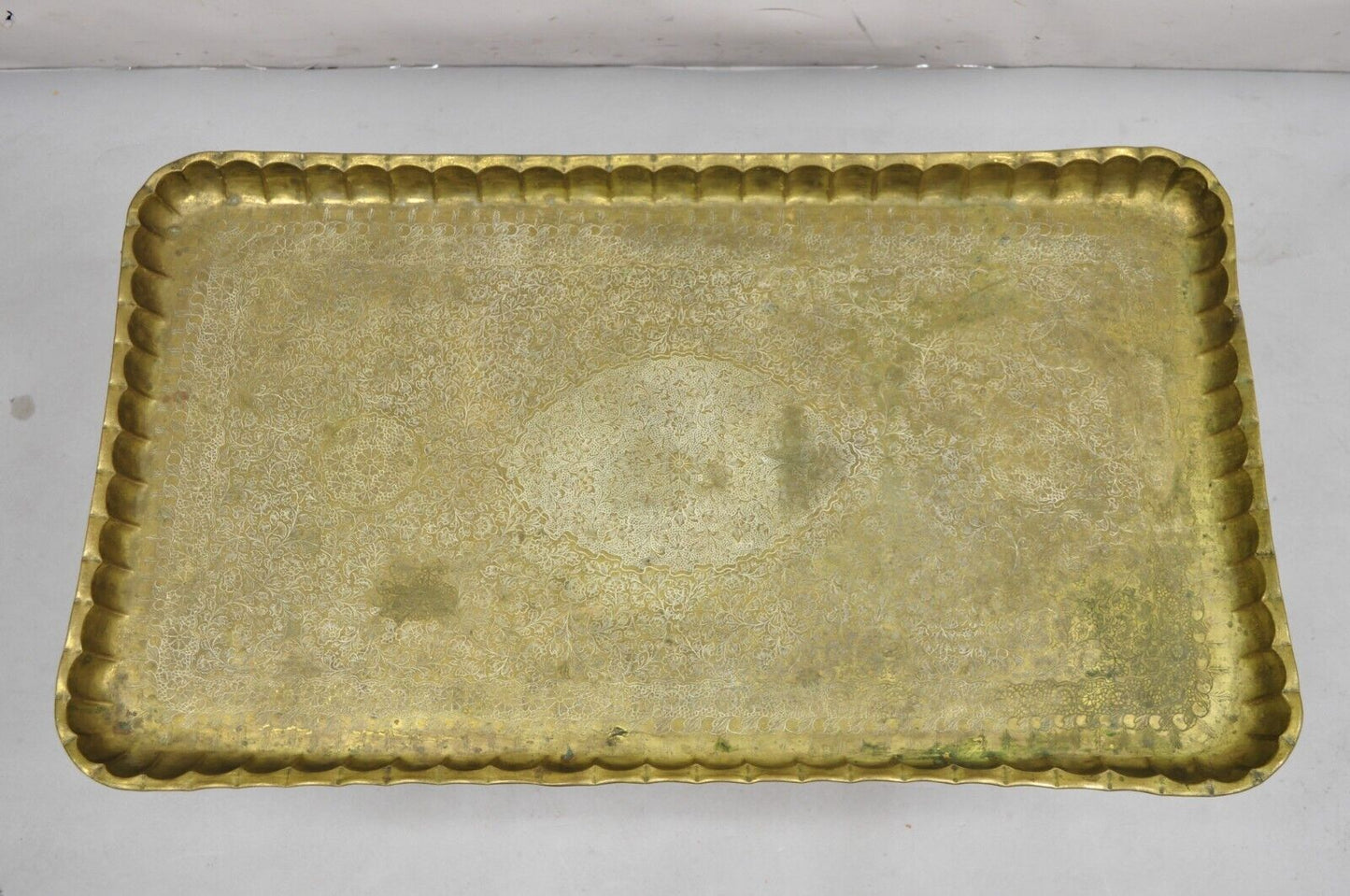 Vintage Moroccan Middle Eastern Solid Brass Rectangular Engraved 30" Tray Top