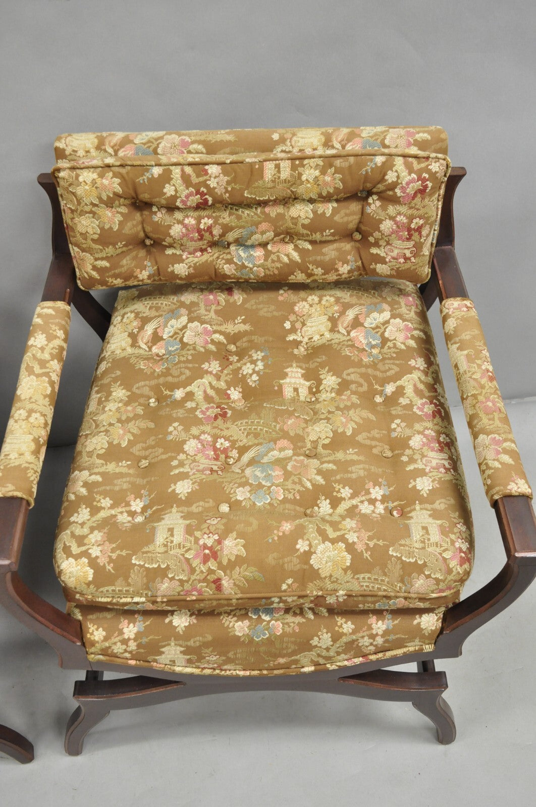 Vintage Hollywood Regency Curule Wooden X-Frame Lounge Arm Chairs - a Pair
