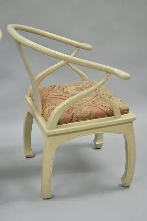 Vintage Oriental Horseshoe Ming Style Cream Lacquered Lounge Chairs - a Pair