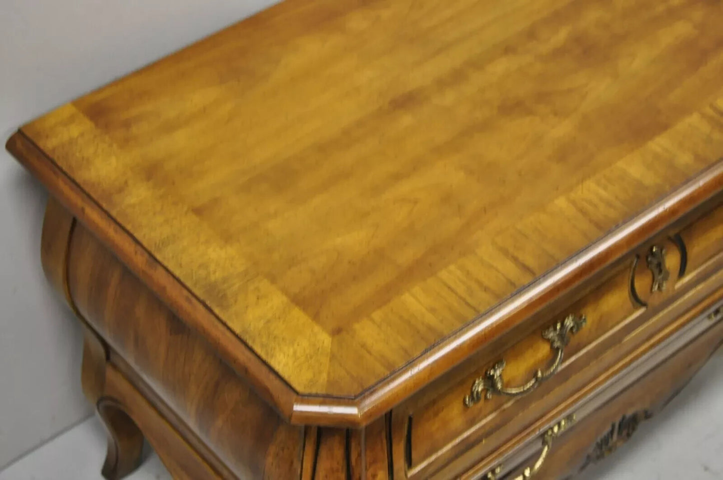 Drexel Heritage French Provincial Fruitwood Bombe Low Commode Nightstand Chest
