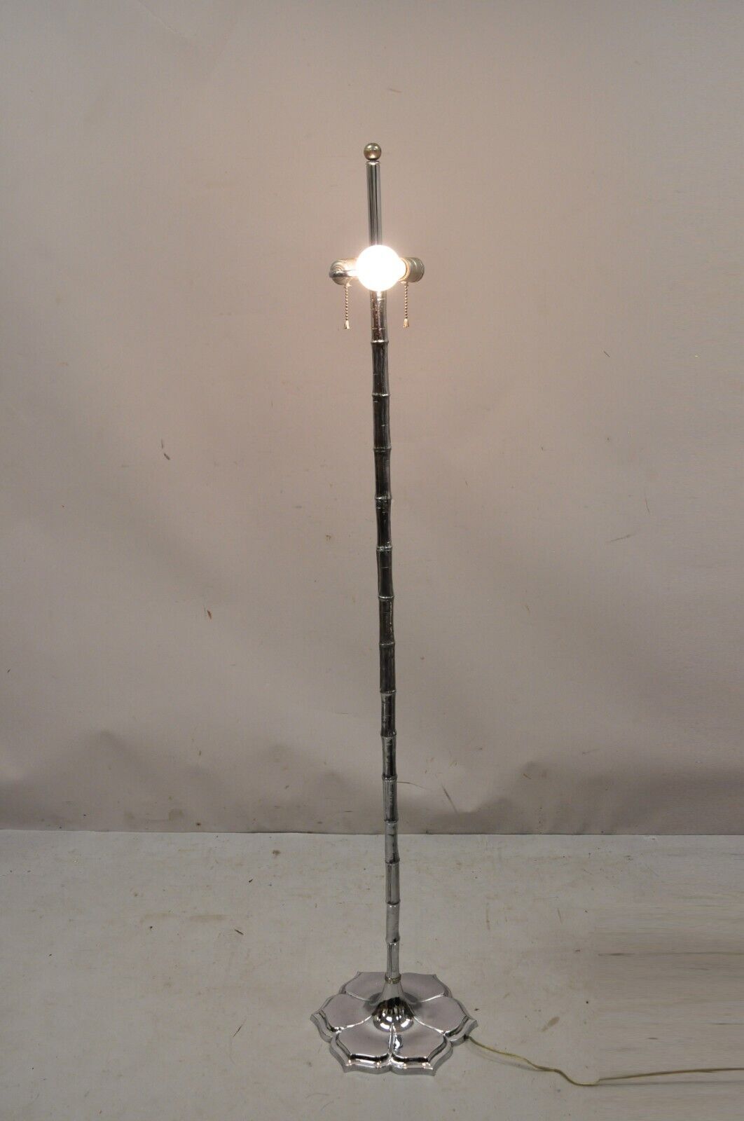 Vintage Hollywood Regency Faux Bois Faux Bamboo Chrome Lotus Floor Lamp