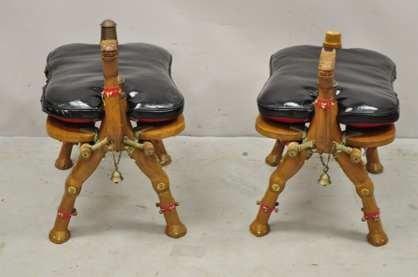 Vintage Camel Saddle Stools Carved Wood Black/Red Cushions - a Pair
