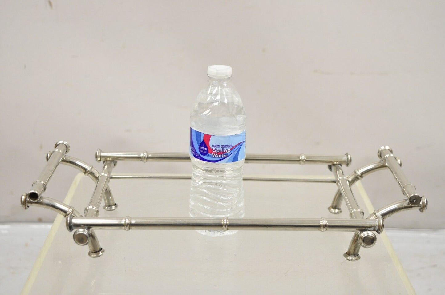 Vtg Italian Hollywood Regency Faux Bamboo Silver Plated Serving Platter Stand