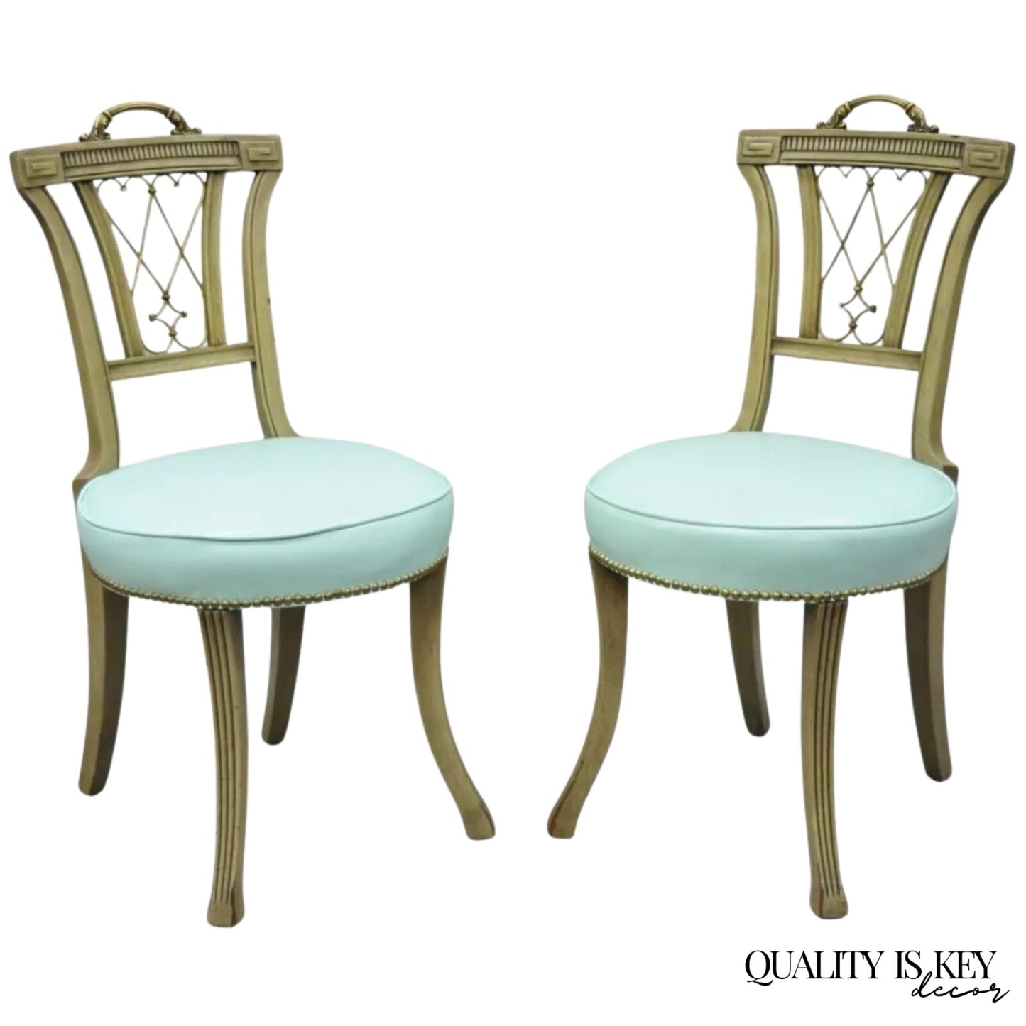 Vintage French Regency Style Mahogany Side Chairs w/ Brass Handles - a Pair