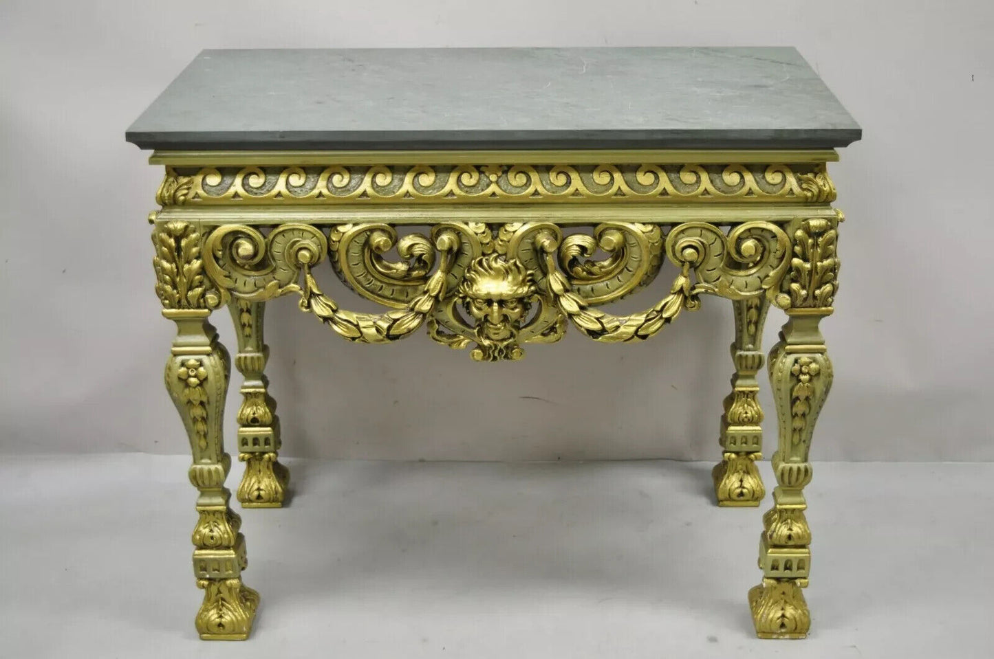 Vintage French Baroque Green Gold Gilt Figural Carved Slate Top Console Table
