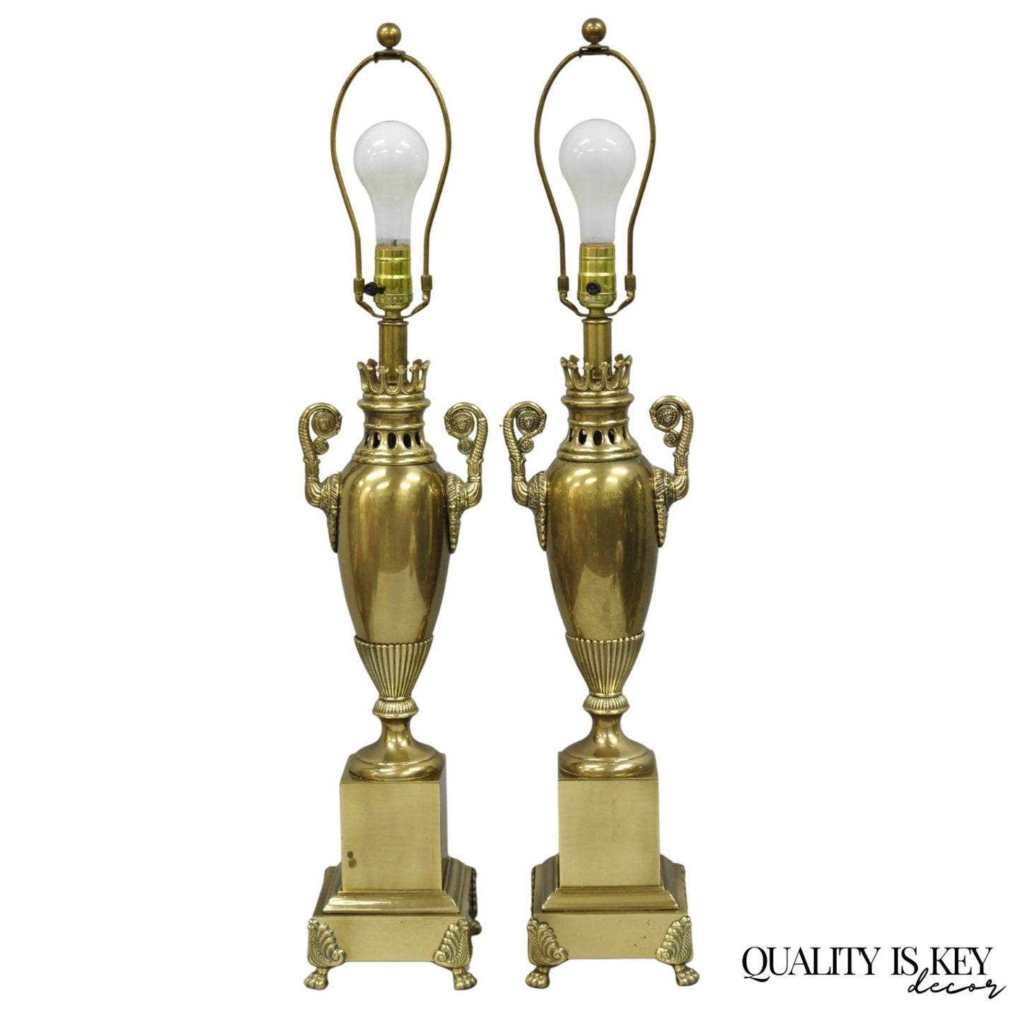 Vintage French Empire Neoclassical Brass Urn Form Table Lamps by Tyndale - Pair