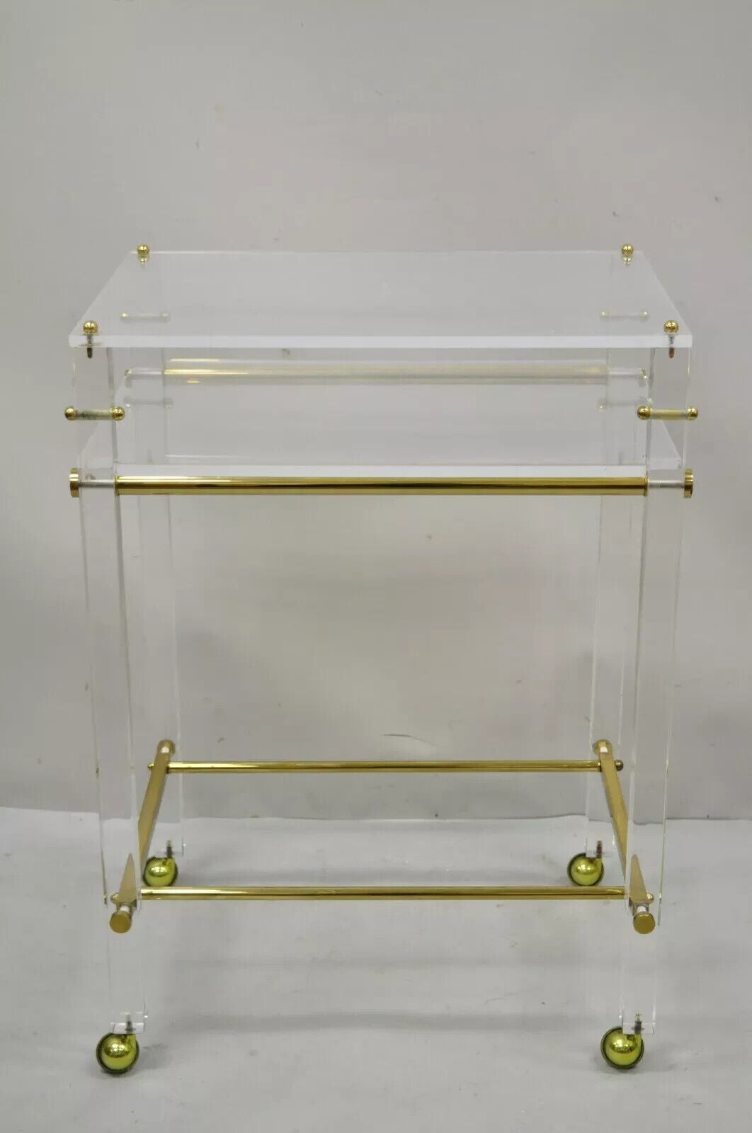 Vintage Mid Century Modern Lucite & Brass Rolling Bar Cart Tall Side Table