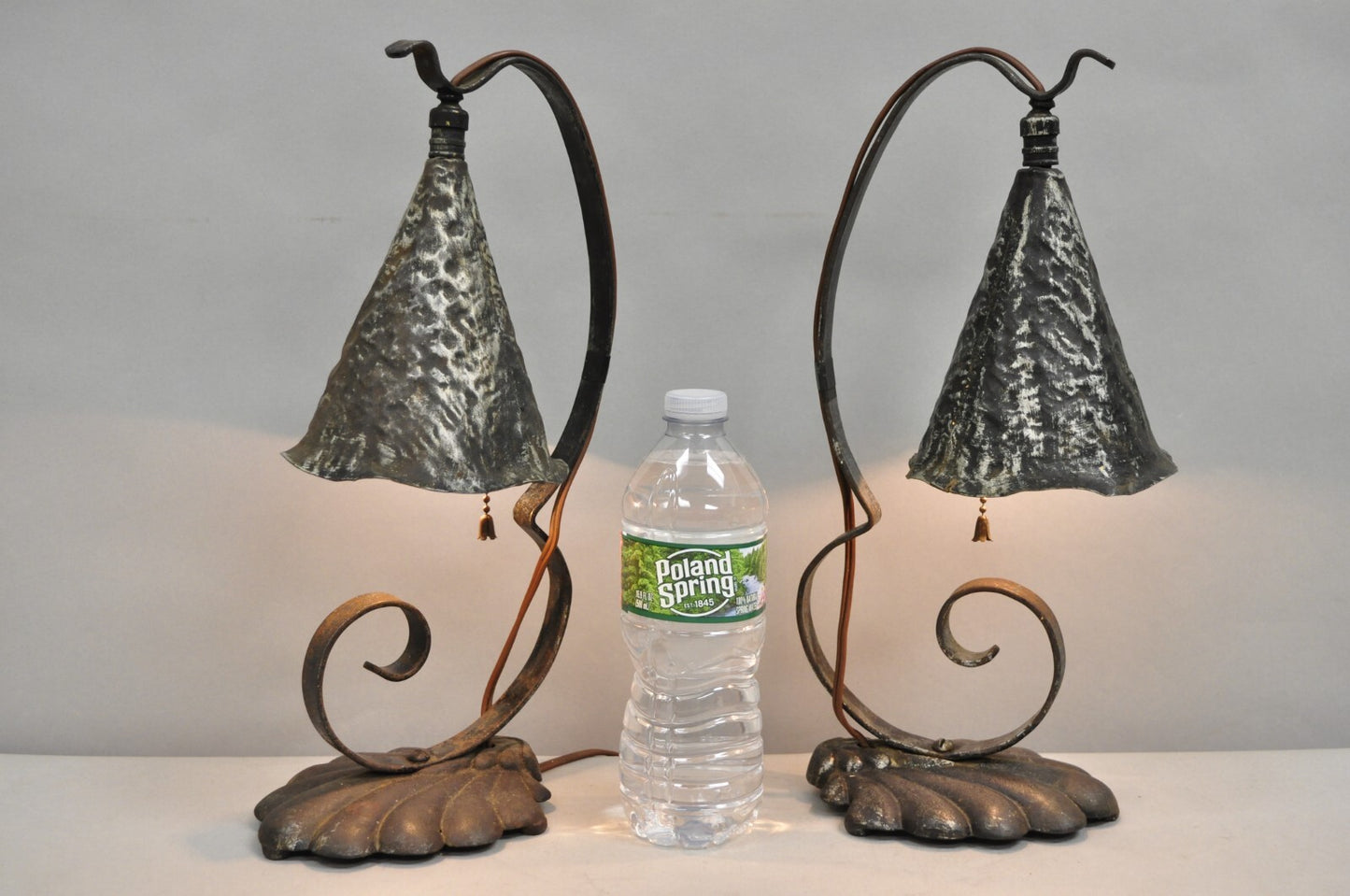 Antique Arts & Crafts Hand Hammered Metal Small Lantern Table Lamps - a Pair