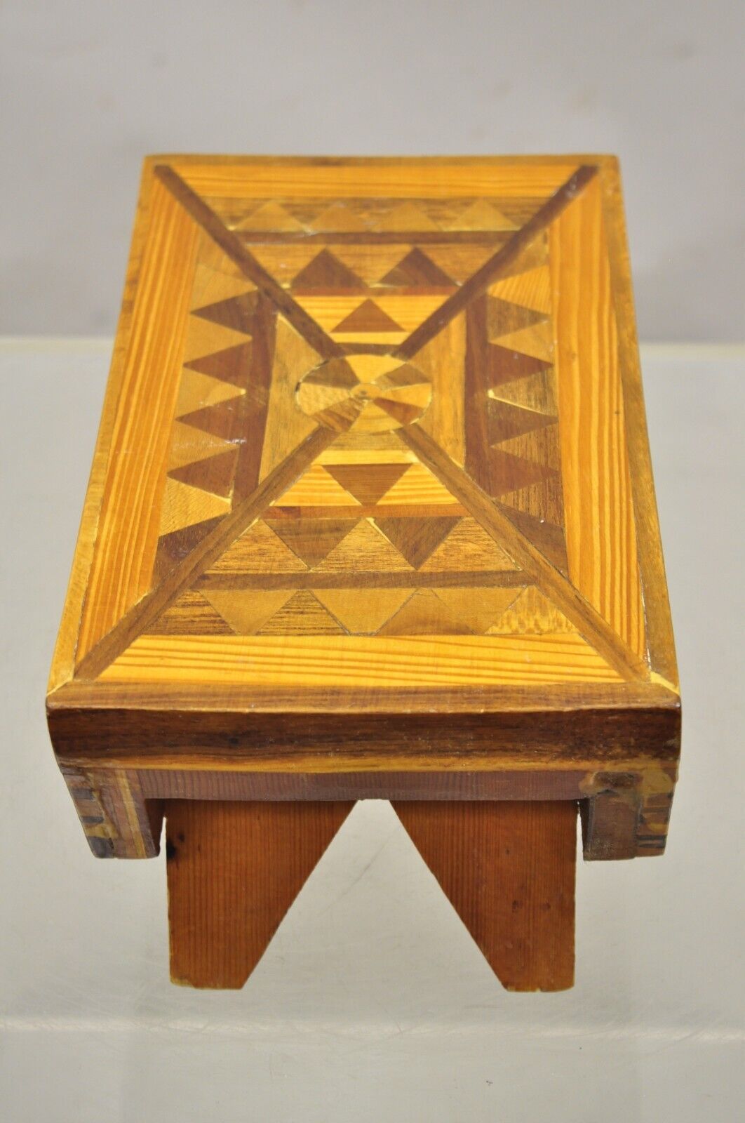 Vintage Folk Art Marquetry Inlay Small Footstool Ottoman Stool