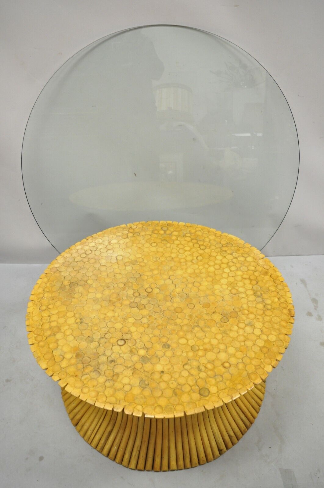 McGuire Style Sheaf of Wheat Bamboo 48" Round Glass Coffee Table