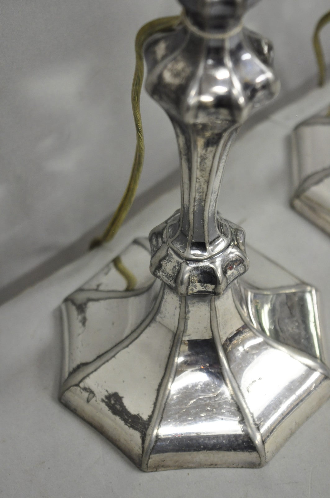 Reed & Barton Art Nouveau Silver Plated Small Candlestick Table Lamps - a Pair