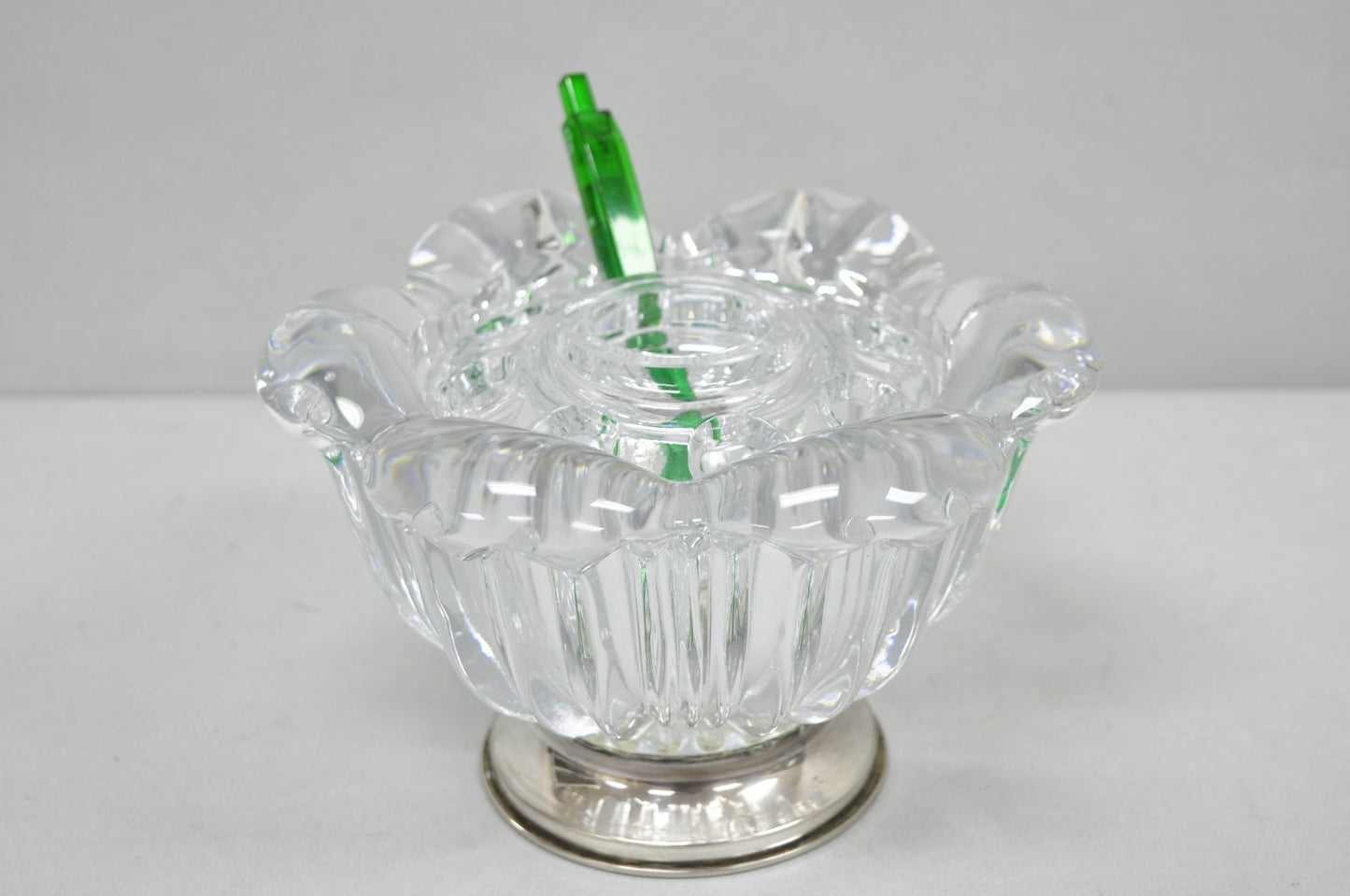 Vintage French Mid Century Modern Crystal Glass Flower Frog Flower Holder Vase
