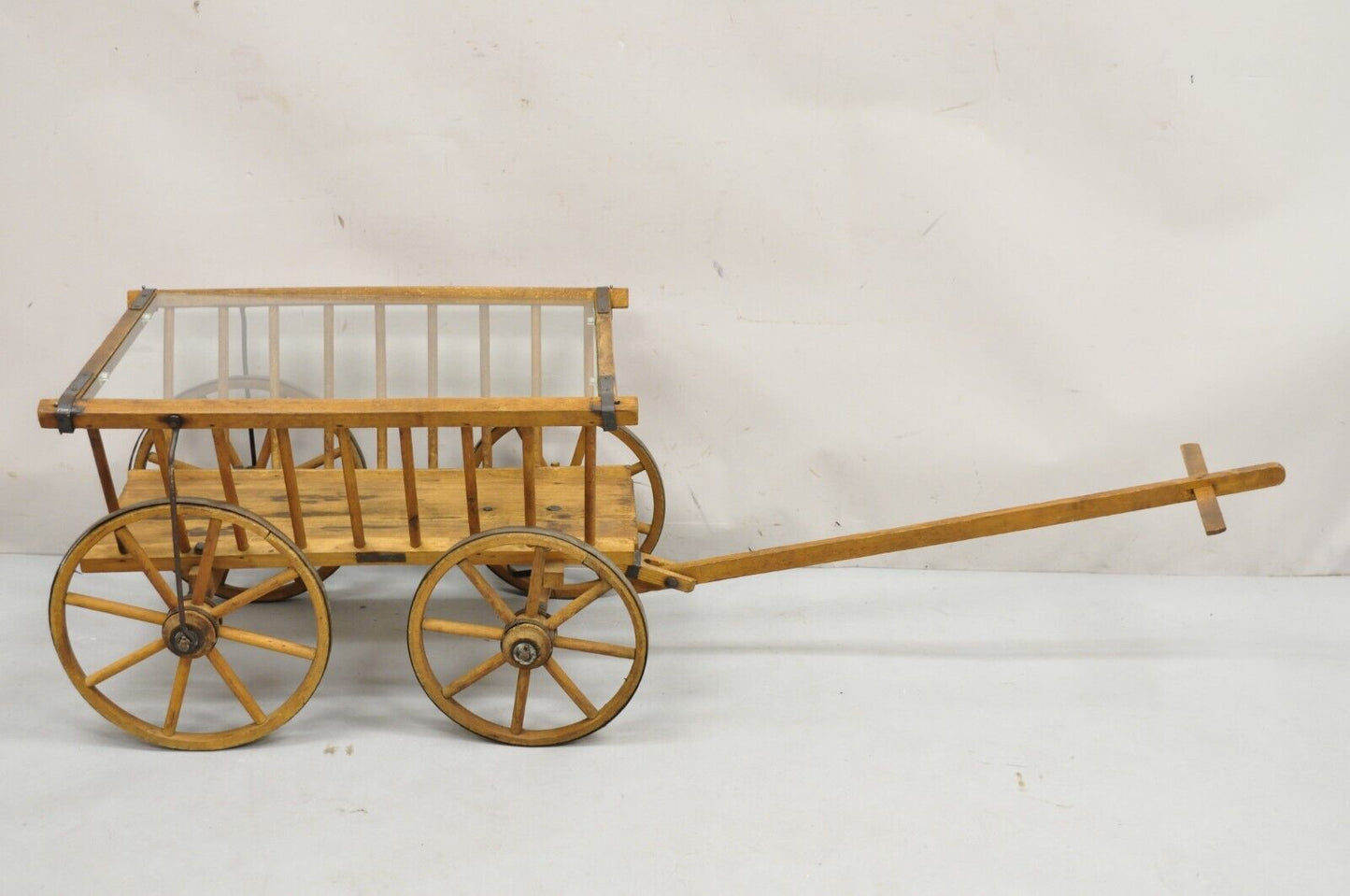 Antique French Primitive Wooden Goat Cart Wagon Farmhouse Glass Top Coffee Table