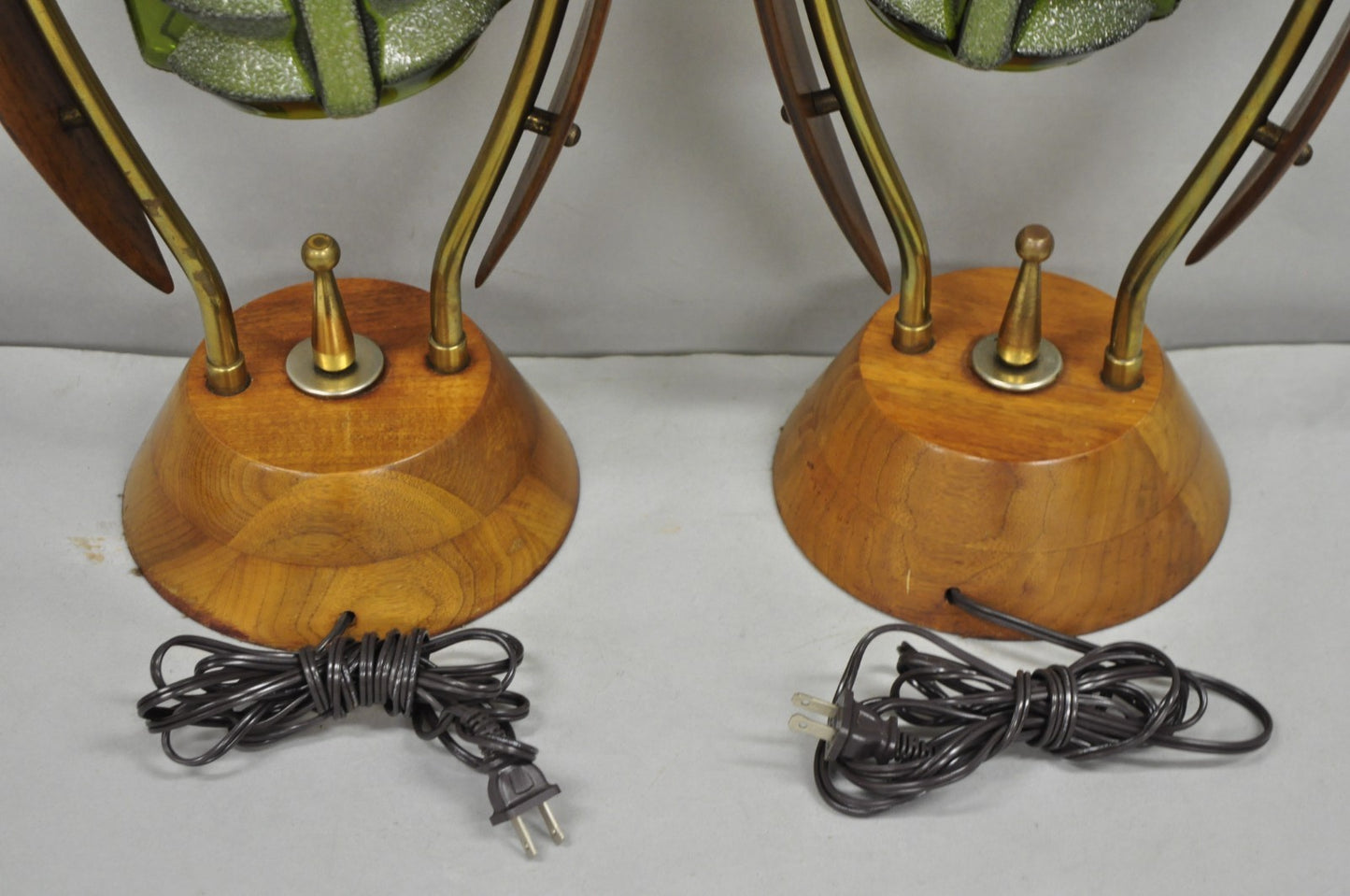Vintage Mid Century Modern Walnut Tulip Flower Glass Shade Table Lamps - a Pair