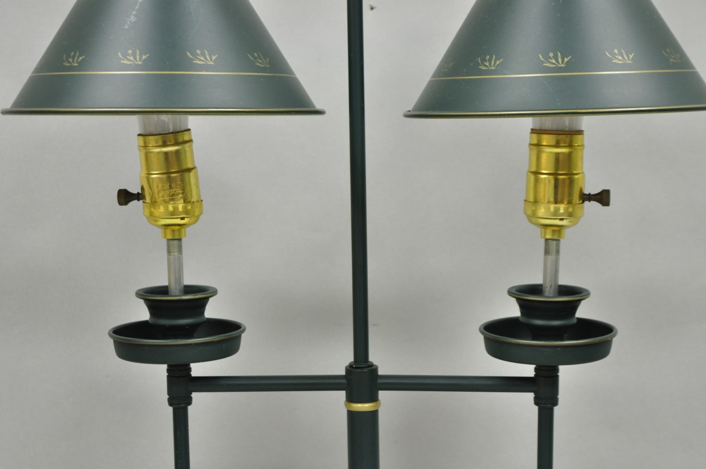 Vintage French Country Green Tole Metal Double Candlestick Table Lamp w/ Shades