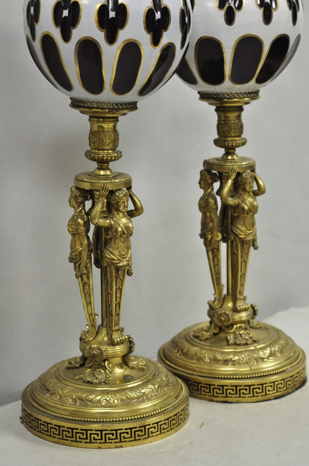 French Renaissance Brass Figural Maiden Base Red Bohemian Glass Table Lamps Pair