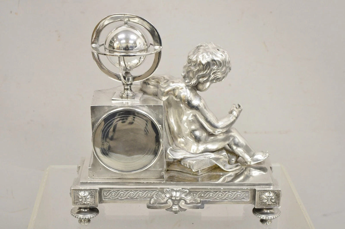 French Louis XV M Franjus Raison & Boyer Silver Plated Bronze Putto Mantel Clock