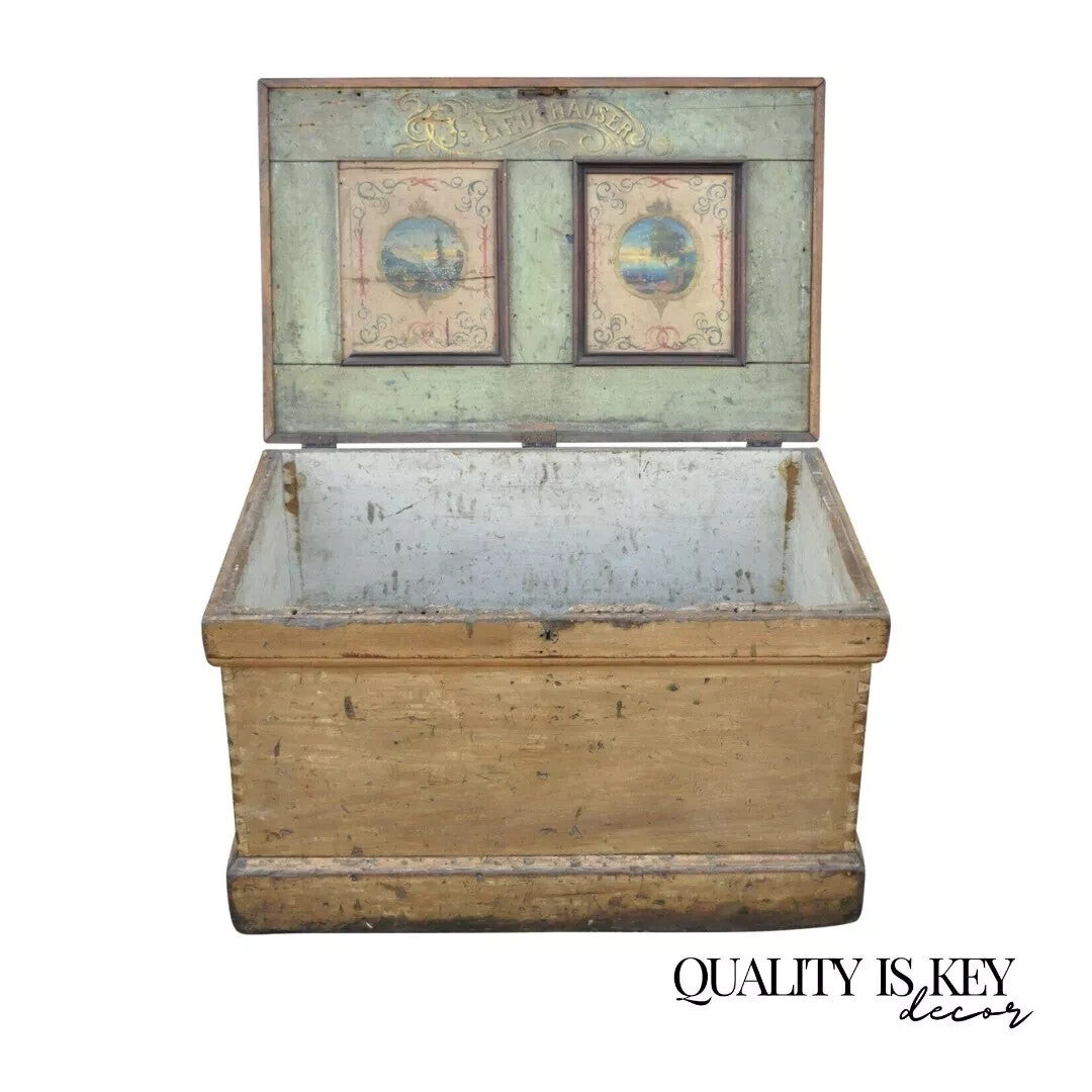 Antique 19th C French Hand Painted Distressed Wood Blanket Chest Dovetail Trunk